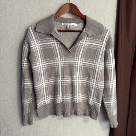 Max Studio Sweater Size S Gray White Plaid Long Sleeve Collared V-Neck Knit Top - Picture 2 of 11